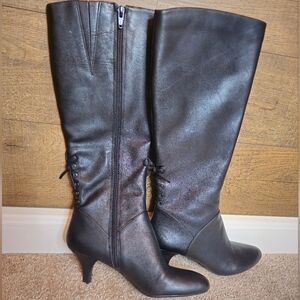 NATURALIZER Dinka Black Leather Knee High Boots Size 7 Lace-Up Back​